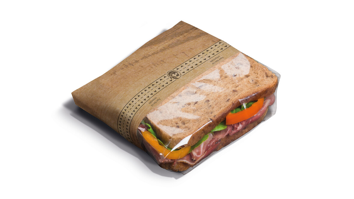 Snacktasche für Sandwiches &amp; Co, Kraftpapier braun/Sichtfenster Zellulose, Motiv: &quot;Holzoptik&quot;, B 280 mm x L 303 mm, braun, fettdicht: Ja, A-Nr.: 96500 - 01