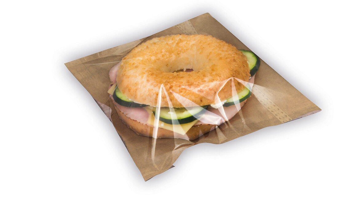 Snacktasche für Sandwiches &amp; Co, Kraftpapier braun/Sichtfenster Zellulose, Motiv: &quot;Holzoptik&quot;, B 180 mm x L 200 mm, braun, fettdicht: Ja, A-Nr.: 96504 - 01