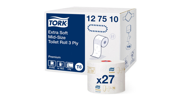 Toilettenpapier Tork Midi extra weich, T6, 3-lagig, weiß, Premium, 27 Rollen/Karton, A-Nr.: 15994 - 01