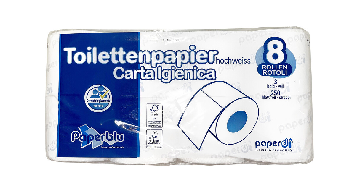 Toilettenpapier Kleinrolle, T4, 3-lagig, hochweiß, Zellstoff, 64 Rollen/Karton, A-Nr.: 16002 - 01