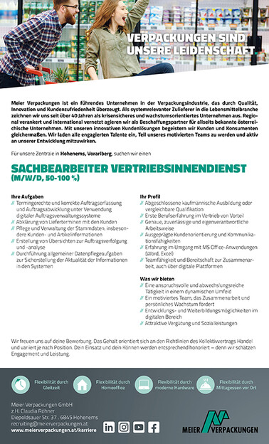 Stelleninserat Sachbearbeiter Vertriebsinnendienst, Hohenems, Vorarlberg, Österreich