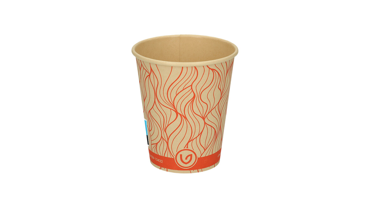 Coffee to go Becher, 200 ml, Ø 80 mm, 91 mm, Bambuspapier/wasserbasierte Beschichtung, braun, Motiv: orange - waves, FSC zertifiziert, VERIVE, A-Nr.: 14004 - 01