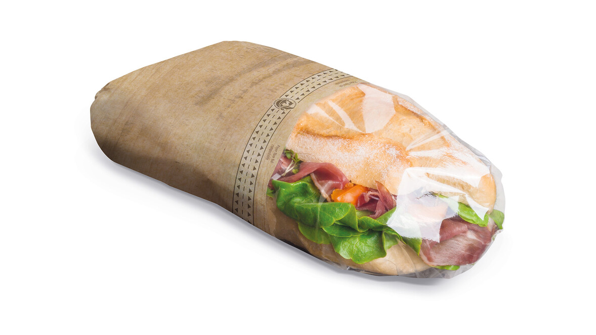 Snacktasche XL für Sandwiches &amp; Co, Kraftpapier braun/Sichtfenster Zellulose, Motiv: &quot;Holzoptik&quot;, B 303 mm x L 400 mm, braun, fettdicht: Ja, A-Nr.: 96499 - 01