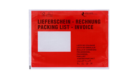 Dokumentenschutztasche C5, CPP, Motiv: &quot;Lieferschein, Rechnungen, Packing List, Invoice&quot;, B 235 mm x L 175 mm, Innenmaß: B 225 mm x L 165 mm, transparent, unbedruckt, Querformat; mit Adhäsionsverschluss, Lasche separat, A-Nr.: 11393 - 01