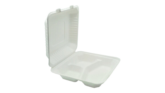 Menübox to go, 1.100 ml, Bagasse, 236 x 229 x 46,8 mm, weiß, 3-geteilt, mit anhängendem Deckel, VERIVE, A-Nr.: 16859 - 01