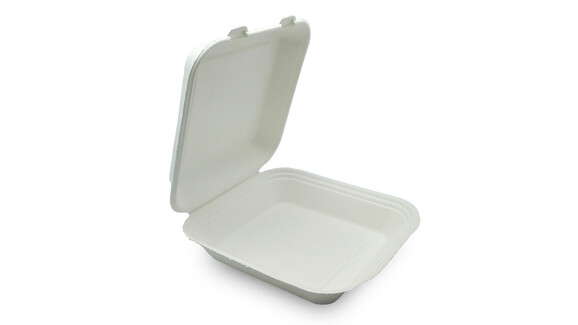 Menübox to go, 700 ml, Bagasse, 217,7 x 206,8 x 64 mm, weiß, ungeteilt, mit anhängendem Deckel, A-Nr.: 95124 - 01